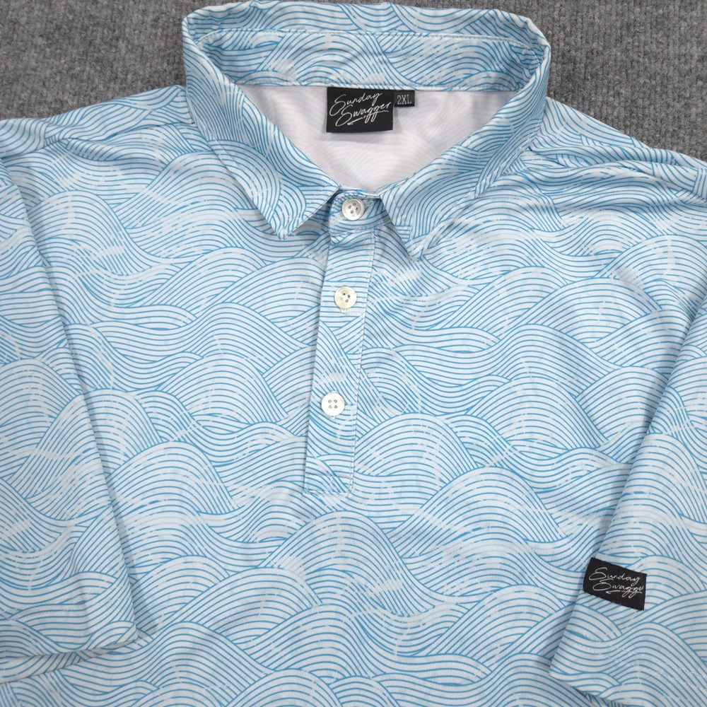 Sunday Swagger Polo Shirt Mens 2XL Blue White Geometric Wave Golf‎ Performance